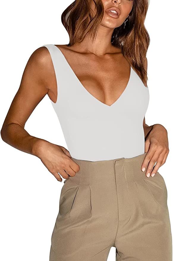 REORIA Women’s Sexy Plunge Deep V Neck Sleeveless V Backless Going Out Tank Bodysuits Tops | Amazon (US)