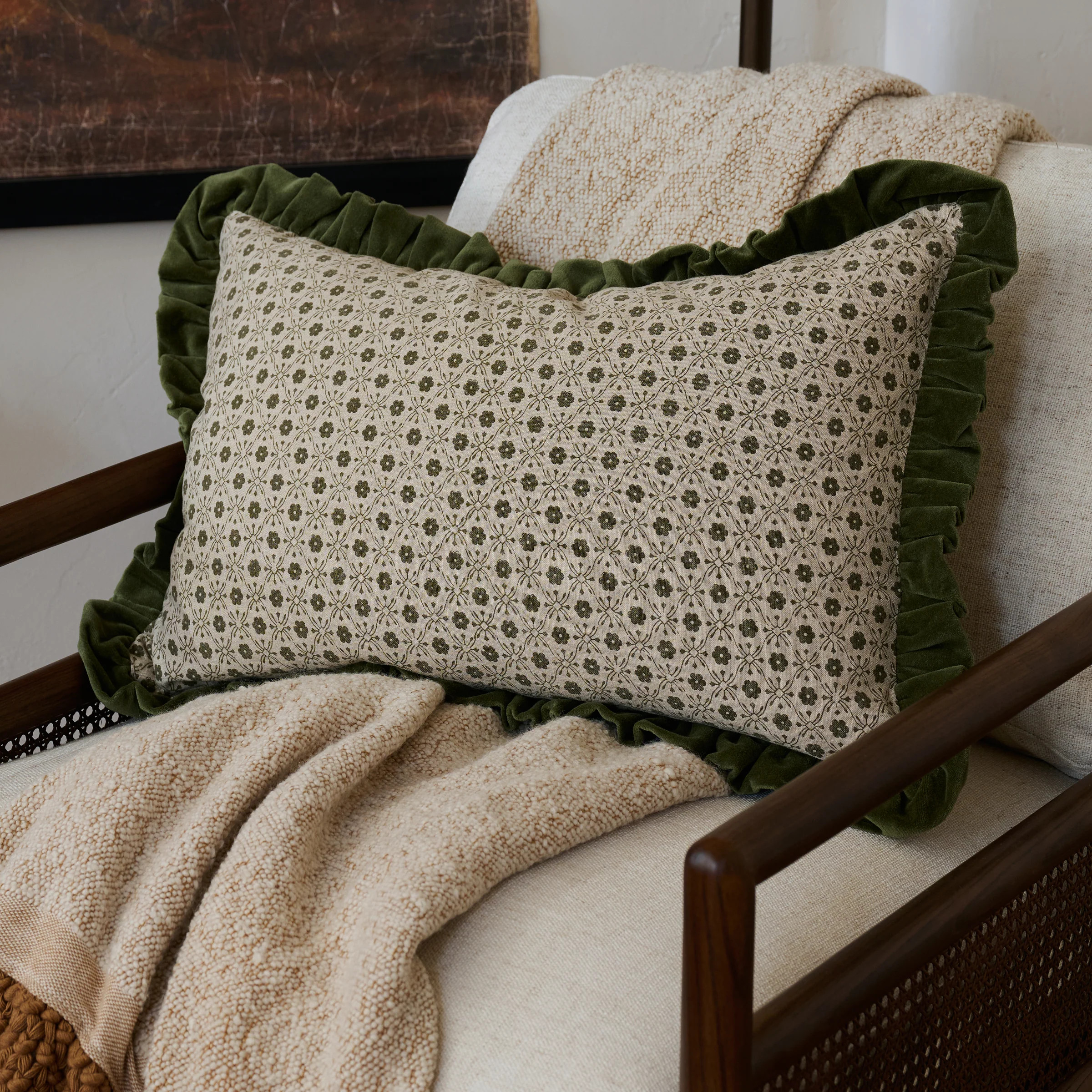 Thea Block Print Pillow with Velvet Ruffle Edge | Magnolia