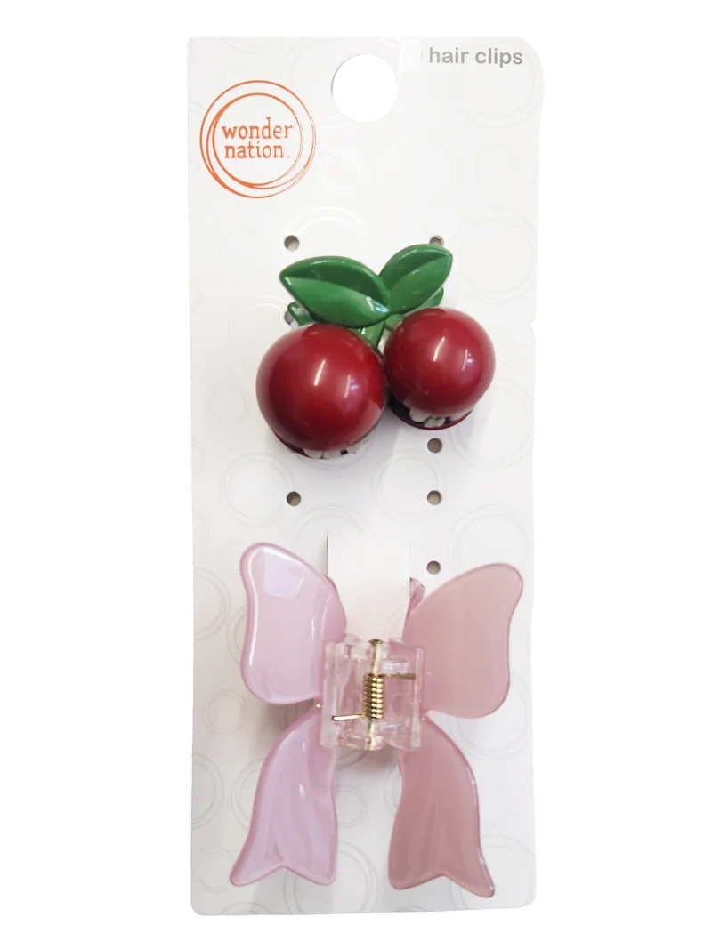 Wonder Nation Girls Cherry and Bow Claw Clips, 2-Piece, Red/Pink | Walmart (US)