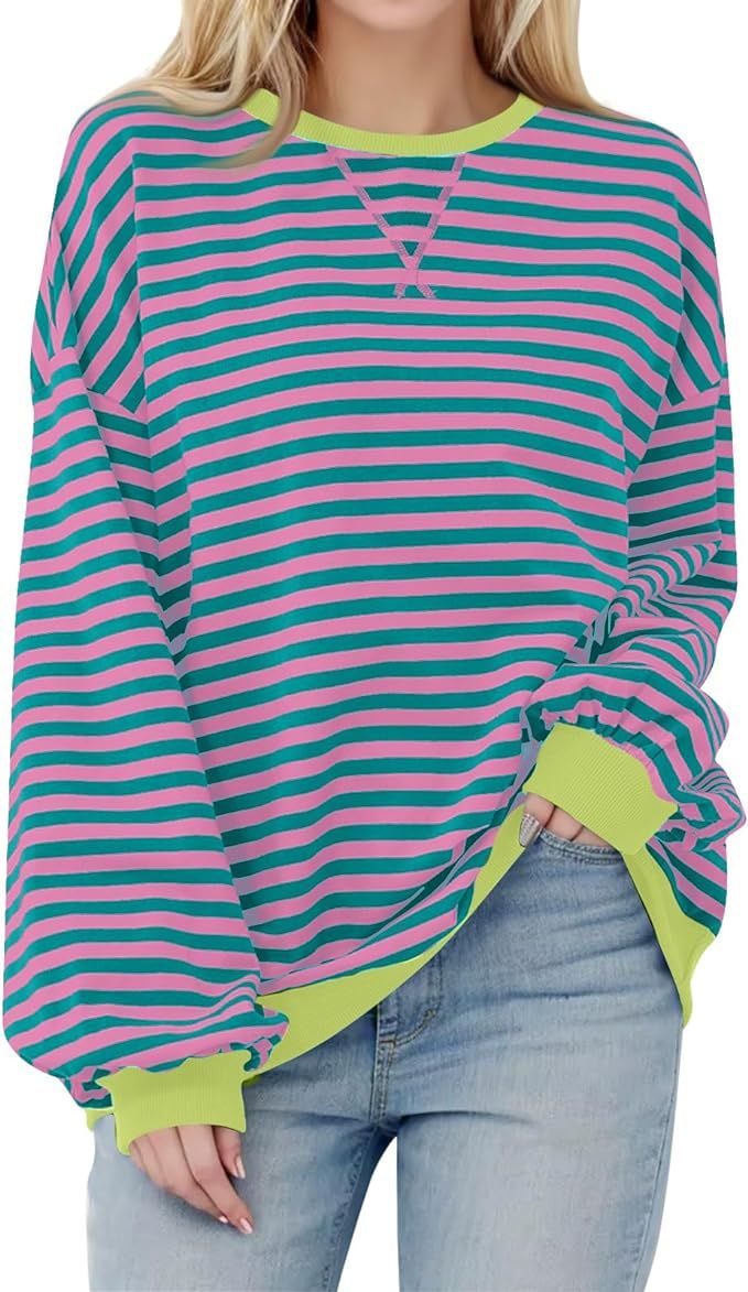 Womens Oversized Sweatshirt Casual Striped Color Block Long Sleeve Crewneck Pullover Tops Fall Ou... | Amazon (US)