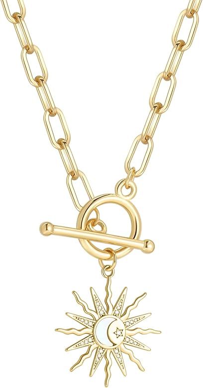 DoreenBeads 18K Gold Plated Sun Moon Star Evil Eye Pendant Necklace Medallion Paperclip Chain Choker | Amazon (US)