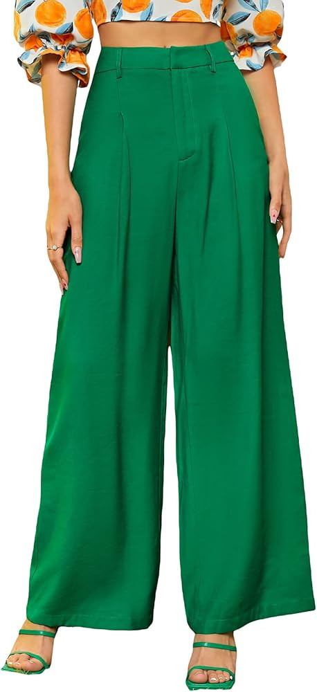 Floerns Women's Casual Wide Leg High Waisted Palazzo Pleated Pants Trousers Green M | Amazon (US)