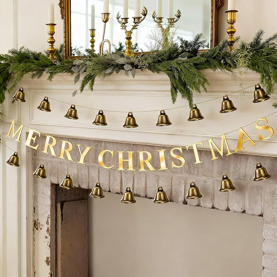Moxweyeni 55 Inches Metal Merry Christmas Banner Rust Bell Brass Finish Hanging String Garland Me... | Amazon (US)