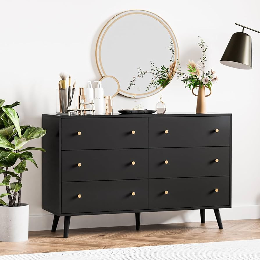 Black 6 Drawer Dresser for Bedroom, Modern Dresser with Gold Handle and Deep Drawer, Wood Double ... | Amazon (US)