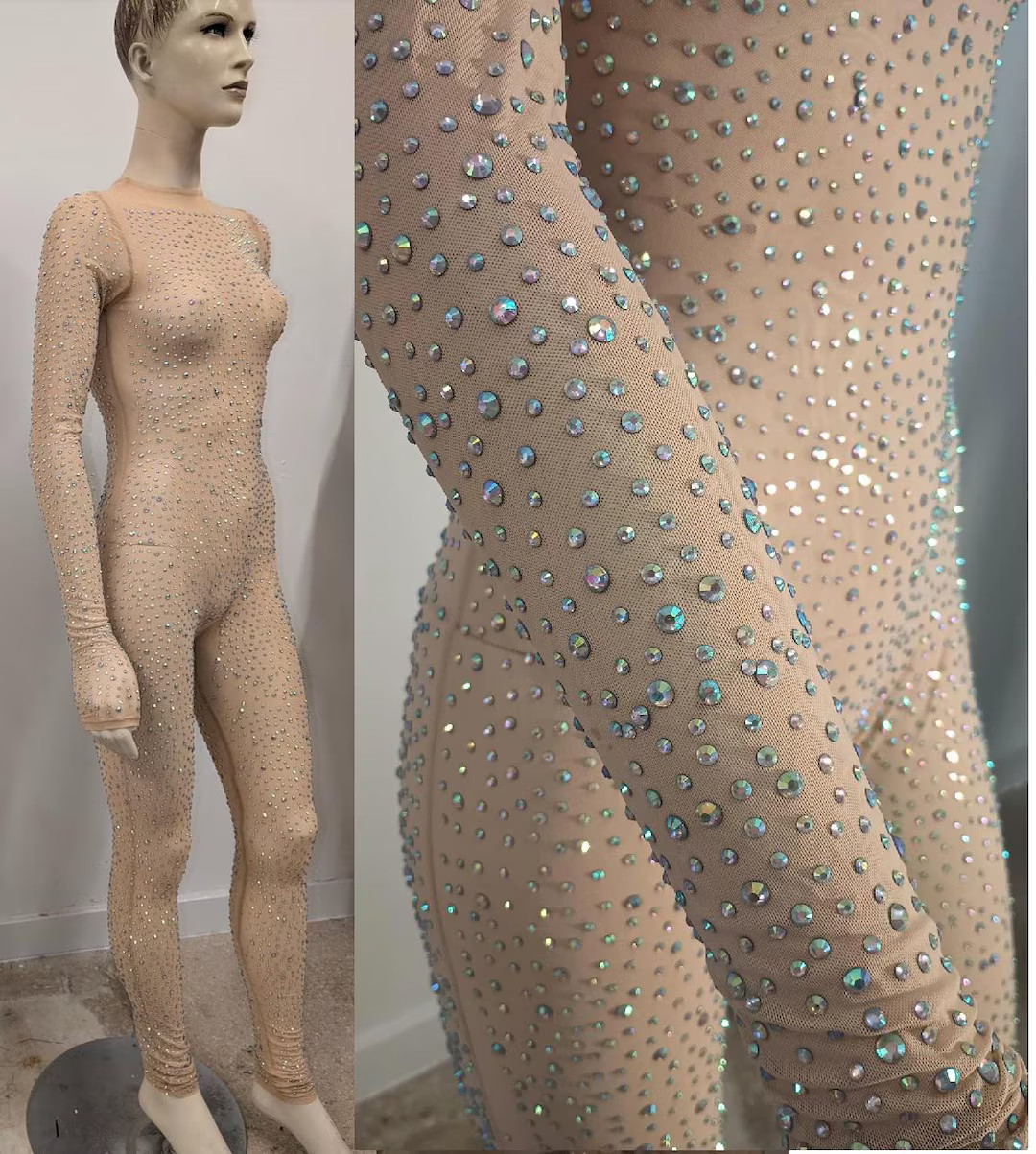 Professional Crystal AB Iridescent Rhinestone Bodysuit Mesh Beaded Catsuit, Small and Medium Unit... | Etsy (US)