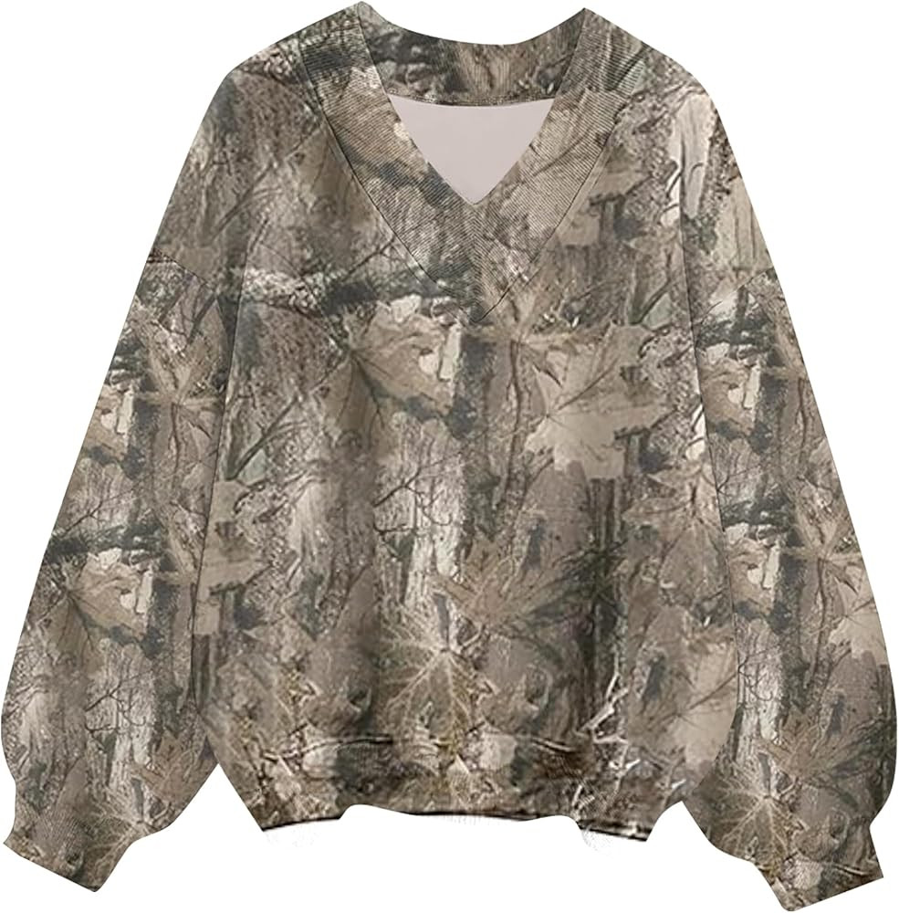 Women Y2K Camo Sweatshirt V Neck Fleece Maple Leaf Print Long Sleeve Drop Shoulder Oversized Pull... | Amazon (US)