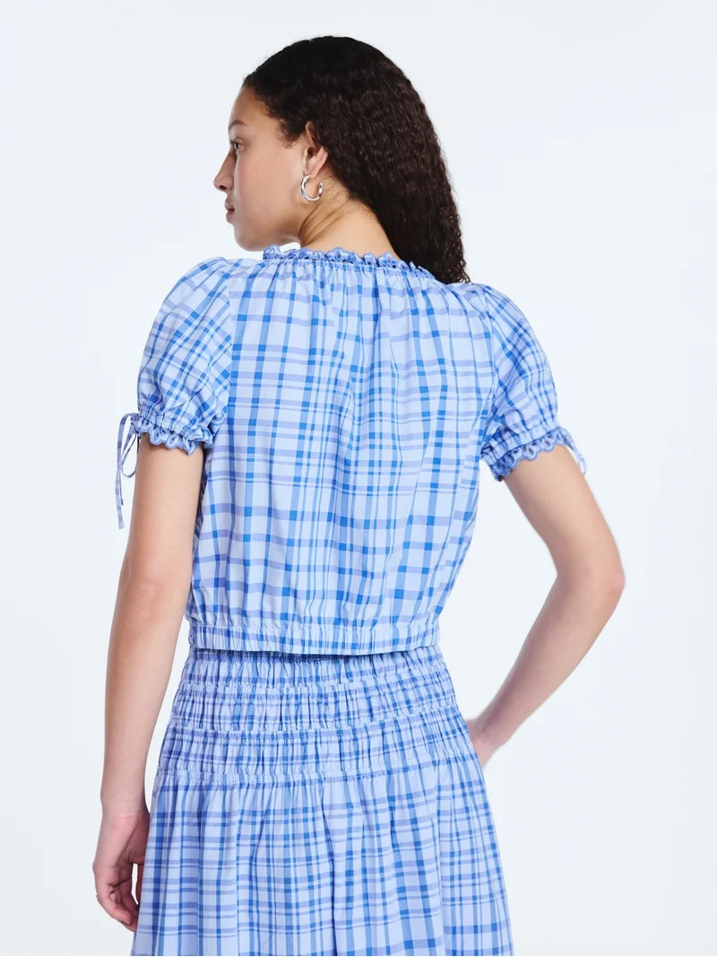 Free Assembly Women's and Women's Plus Embroidered Cropped Cotton Top with Short Sleeves, Sizes-X... | Walmart (US)