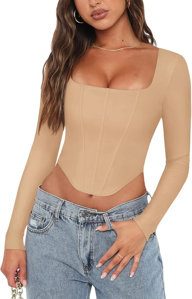REORIA Womens Sexy Square Neck Long Sleeve Backless Y2K Going Out Boned Bustier Corset Crop Tops ... | Amazon (US)