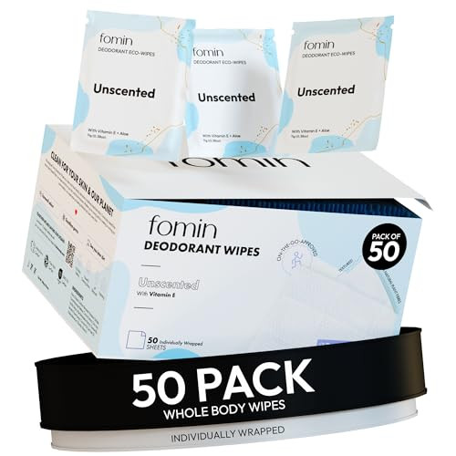 FOMIN Travel Deodorant Wipes - 50 Count - Unscented - pH Balanced, Hypoallergenic Mini Deodorant For Women and Men - Plastic-Free, Individually Wrapped Underarm & Body Wipes | Amazon (US)