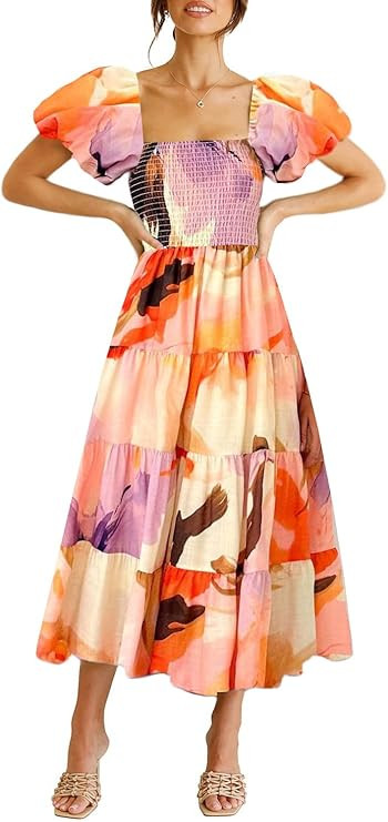 GOLDSTITCH Women's Smocked Maxi Dress Square Neck Ruffle Hem Puffy Short Sleeve Flowy Midi Dress | Amazon (US)