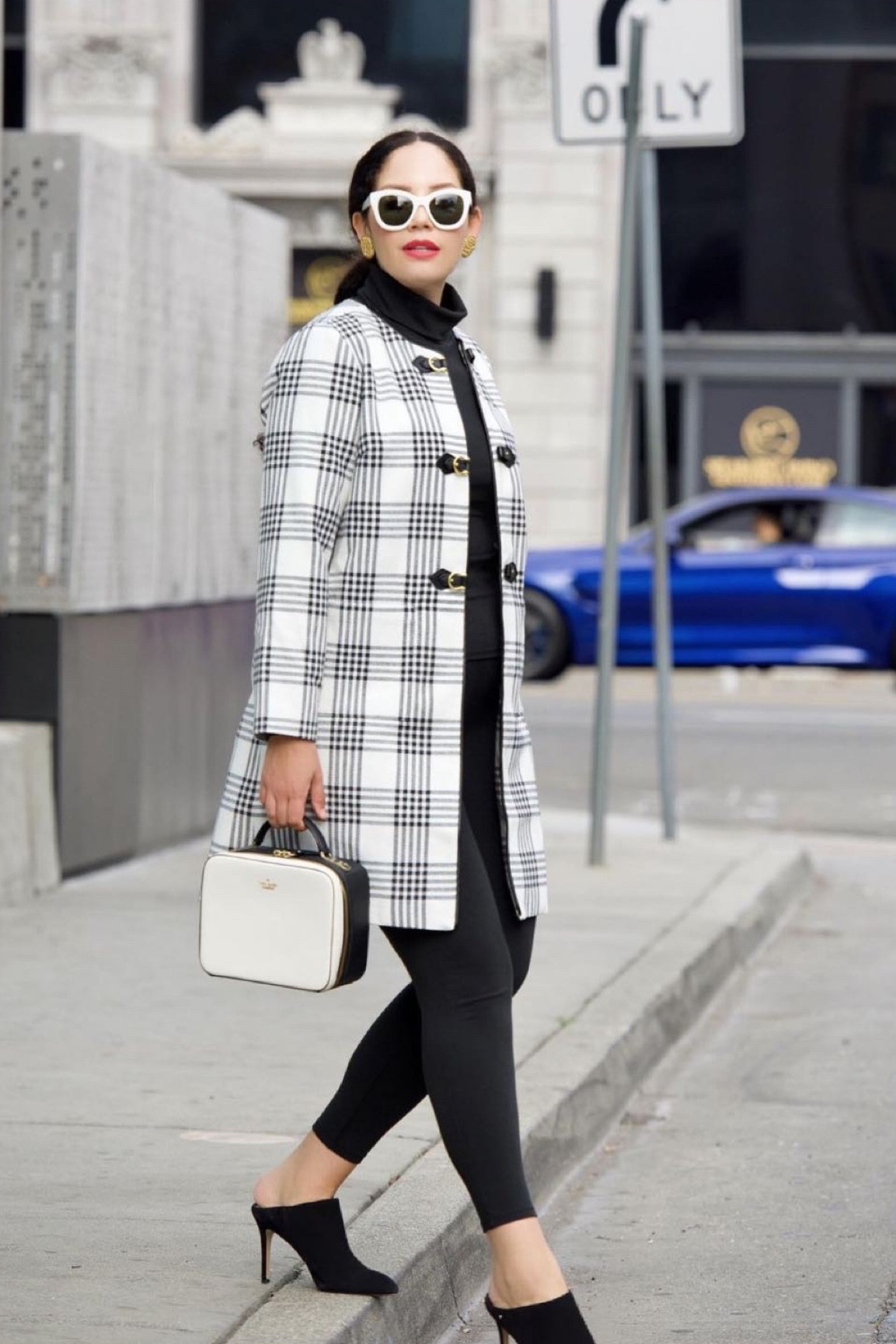 Plaid coat, leggings, heeled mule 