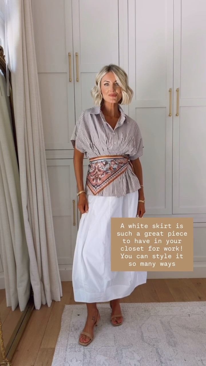 A white poplin skirt is a must have in my closet! This goes with so many options and the quality on this is great! Love the fun addition of the scarf to mix patterns! Wearing S

Loverly grey, teacher outfit ideas, striped blouse, white maxi skirt outfit, how to style striped button down, capsule women’s wardrobe

#LTKSeasonal #LTKWorkwear