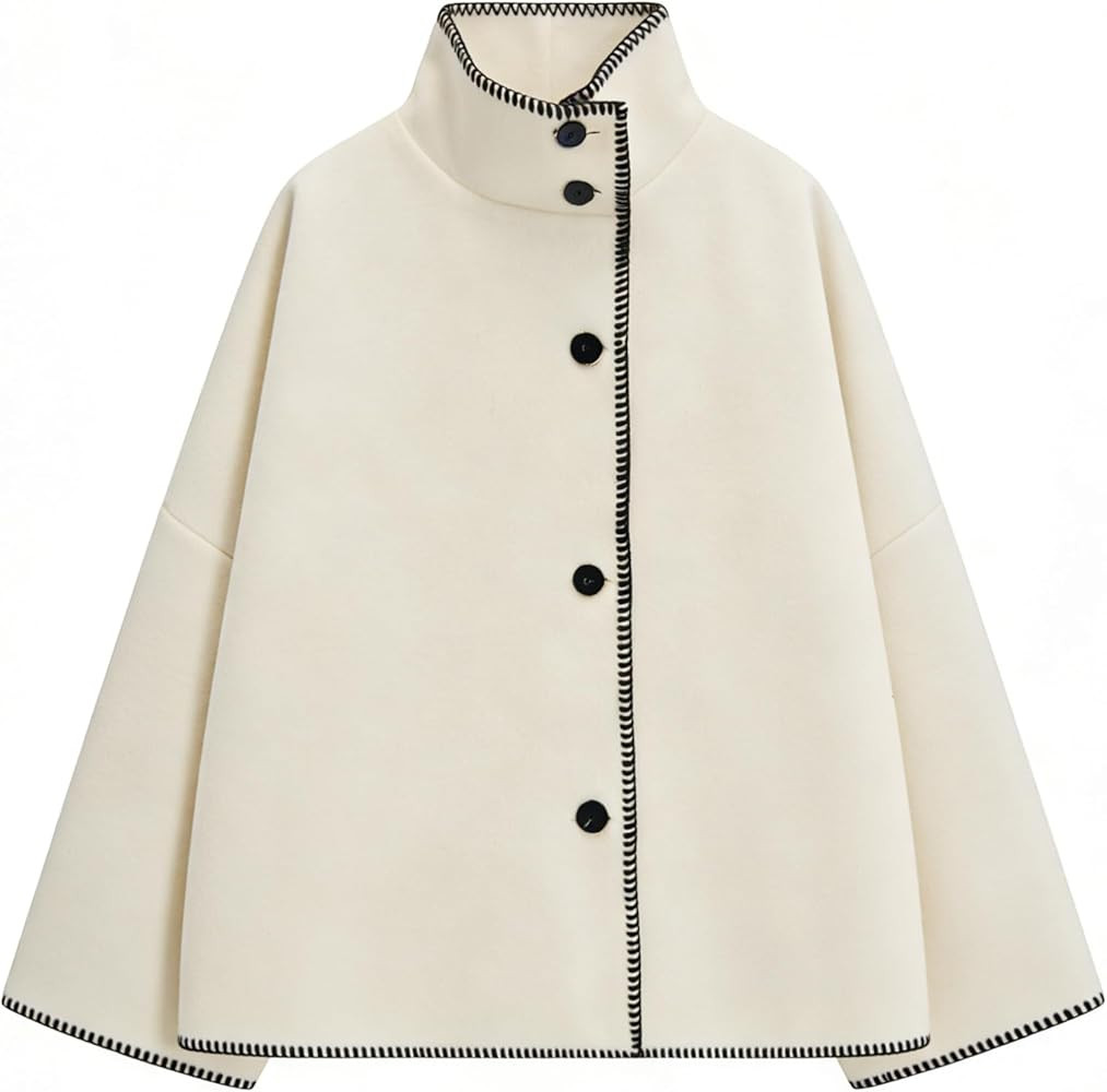 Bnigung Womens Stand Collar Wool Coat Oversized Contrast Stitching Button Down Cropped Wool Blend... | Amazon (US)