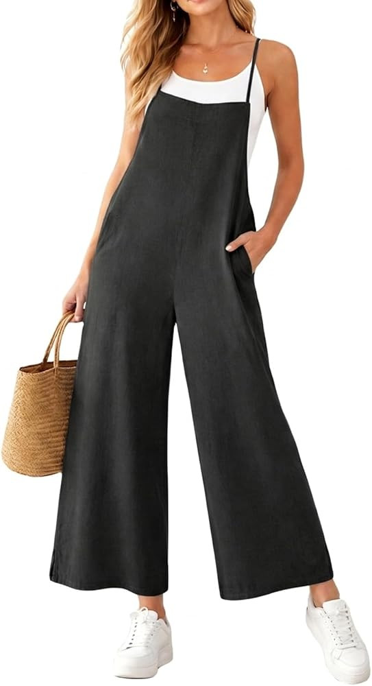 Womens Jumpsuit Casual Loose Fit Adjustable Strap Wide Leg Summer Overalls with Pockets | Amazon (US)