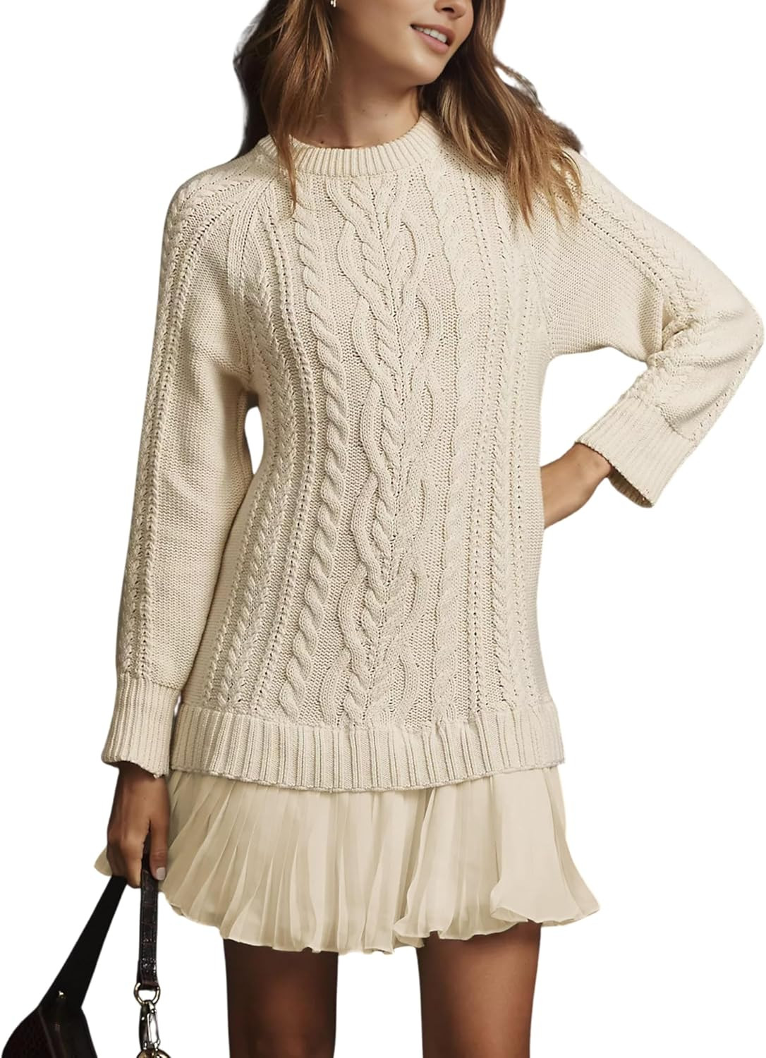 MINSURE Women Cable Knit Sweater Dress Crewneck Long Sleeve Pleated Mini Dress Twofer Style Patchwork Dress | Amazon (US)
