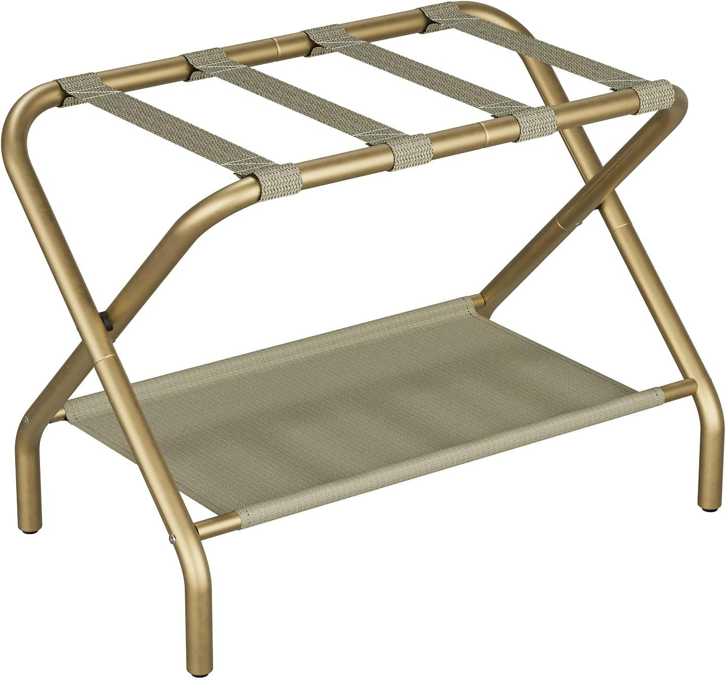 Smuxee Gold Luggage Rack, Foldable Suitcase Stand with Fabric Storage Shelf, Luggage Holder with 4 Nylon Straps for Guest Room Bedroom Hotel | Amazon (US)