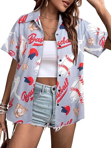 Baseball Shirts Women Baseball Graphic Hawaiian Shirt Baseball Mom Tees Game Day Season Button Do... | Amazon (US)