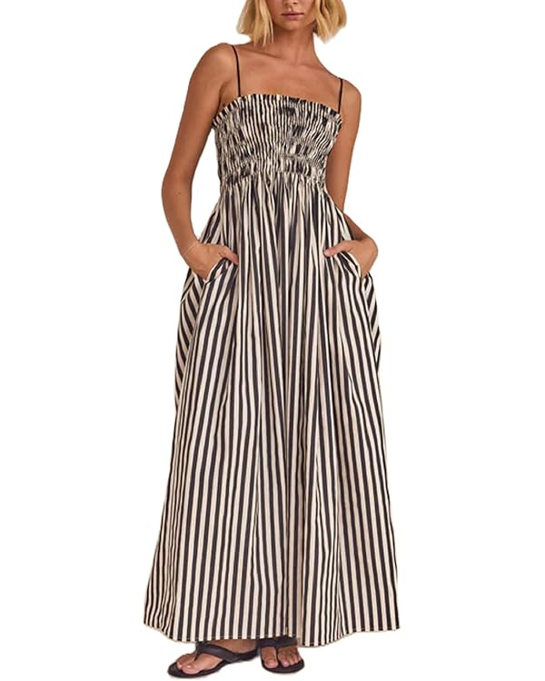 Women Striped Maxi Dress Smocked Backless Spaghetti Strap Long Flowy Dress Sleeveless Boho Aline ... | Amazon (US)