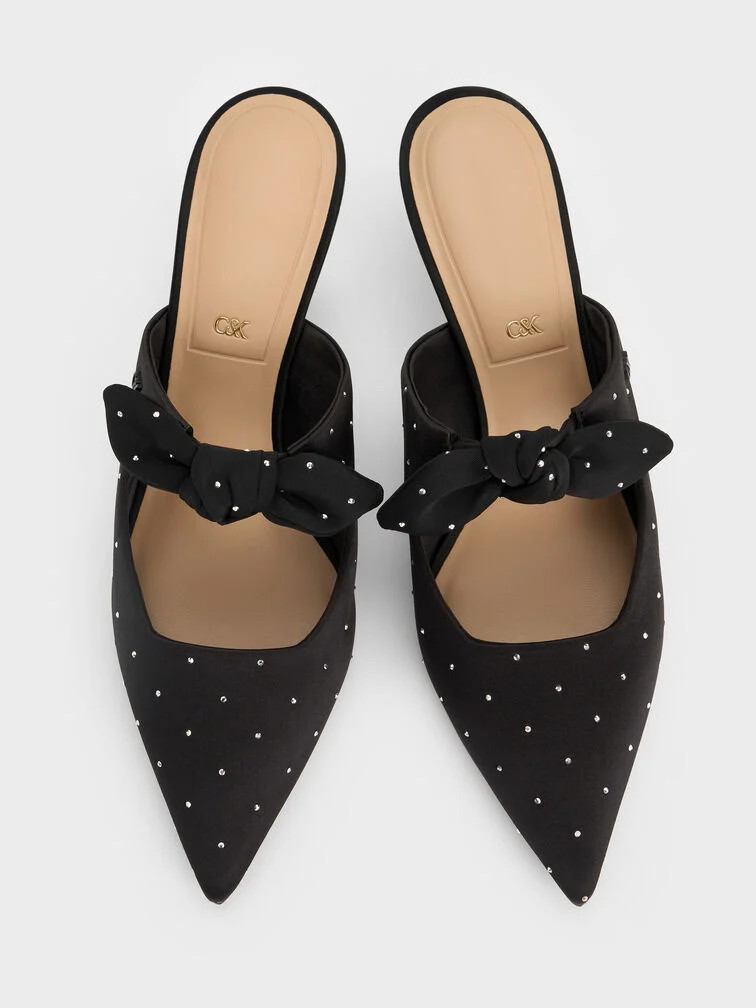 Jayce Dotted Knot-Bow Kitten-Heel Mules
    
         - Black Textured | Charles & Keith UK