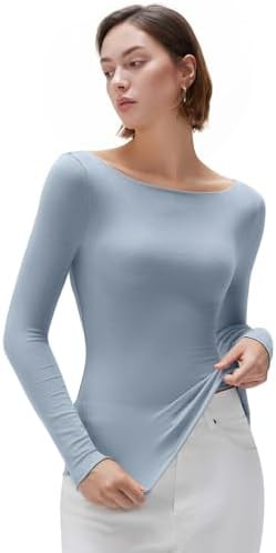 SUUKSESS Cloud Cashmere Women Boat Neck Fitted Long Sleeve Shirt Basic Knit Tops | Amazon (US)