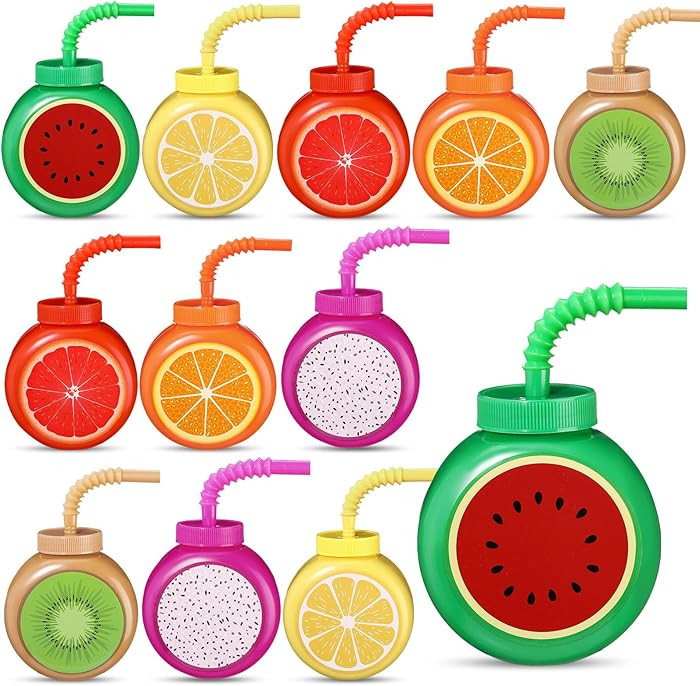 Mifoci 12 Set Summer Fruit Cups with Straws Lids 10oz Plastic Frutti Party Cups Tropical Kiwi Lem... | Amazon (US)