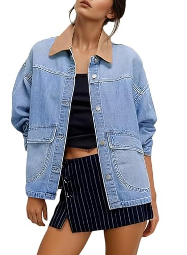 EVALESS Jean Jacket Women Trendy Fall Fashion 2025 Outfits Color Block Denim Jacket Oversized Boyfriend Long Sleeve Button Down Barn Jackets Shacket Coat with Pockets Myosotis X-Large | Amazon (US)