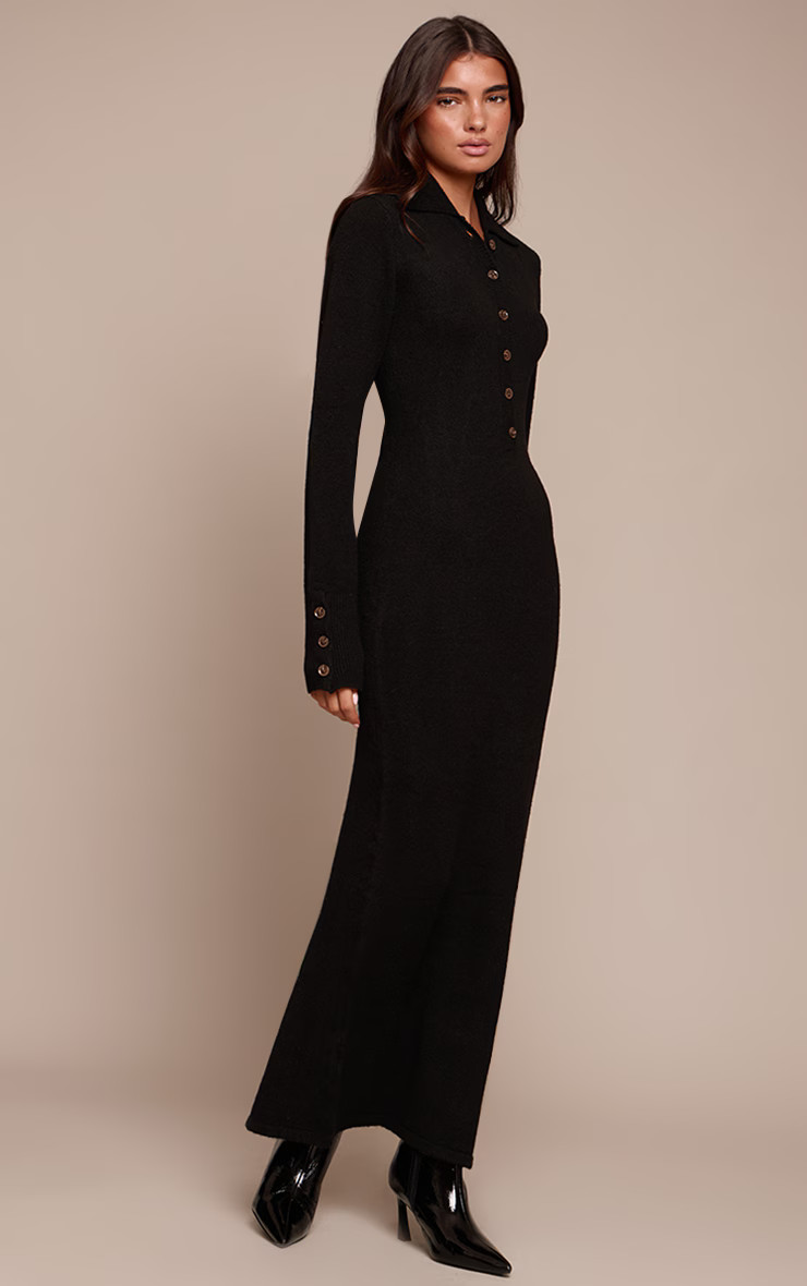 Black Soft Bobble Knit Button Up Collar Maxi Dress | Knitwear | PrettyLittleThing US