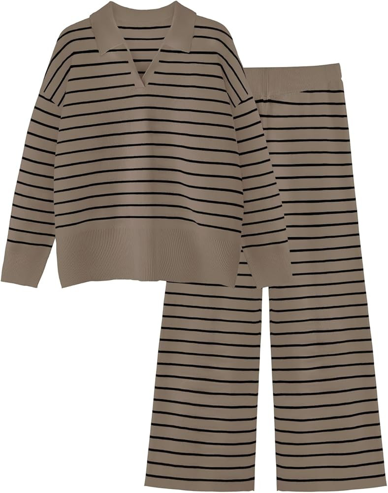 Tankaneo Womens Fall Outfits 2 Piece Sets Striped Knit Sweater Set Collared Long Sleeve Tops and ... | Amazon (US)