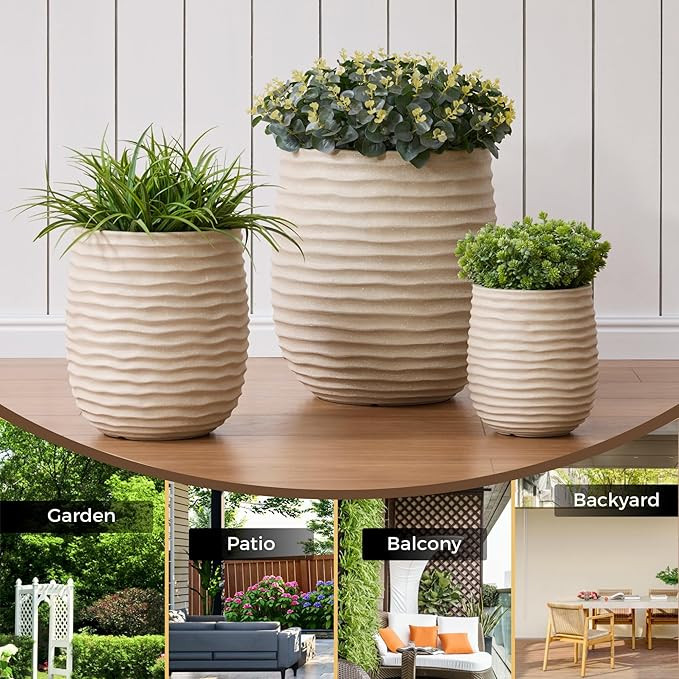 15”+11”+7.9” Dia Concrete Planter Set of 3, Flower Pot with Wavy Texture, Indoor Outdoor La... | Amazon (US)