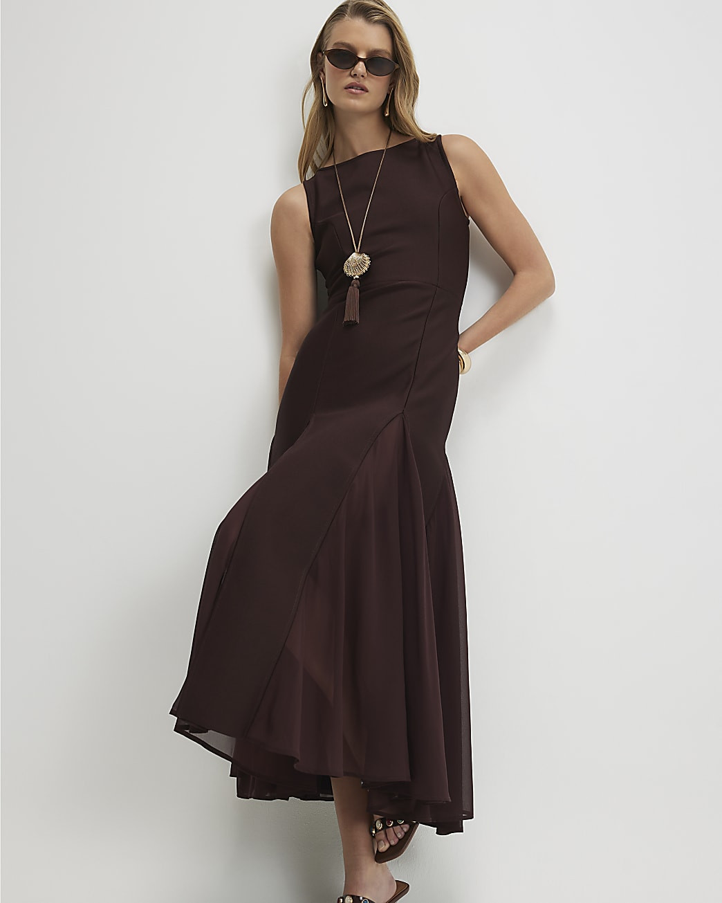 Brown Sleeveless Hybrid Midi Dress | River Island UK & IE