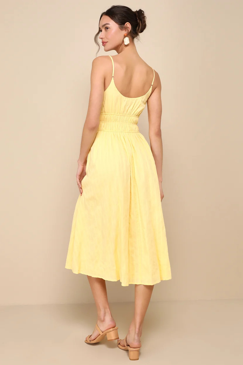 Gorgeous Sunshine Yellow Embroidered Tie-Front Midi Dress | Lulus