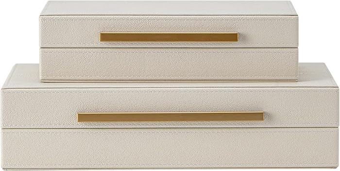Set of 2 Beige Shagreen Decorative Storage Boxes with Gold Metal Handles – Faux Leather Jewelry... | Amazon (US)