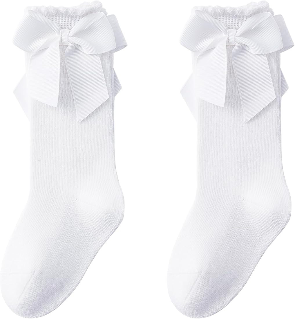 Baby Knee High Socks Toddler Long Socks Girls Bow Ruffled Knee Socks Cotton Tube Stockings Infant... | Amazon (US)