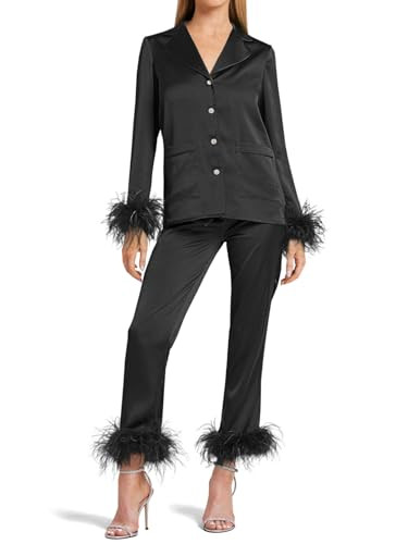 Women's Silk Satin Pajama Set Feather Trim Bridal Long Sleeve Pocketed Lounge Sets Sleepwear | Amazon (US)