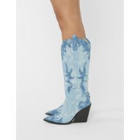 Underwood Mixed Denim Western Cowboy Block Heel Knee High Boots | Public Desire