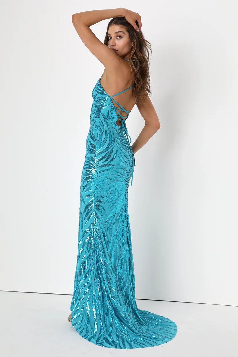 Teal Blue Sequin Lace-Up Mermaid Maxi Dress | Spring Wedding Guest Dress | Blue Sequin Dress | Lulus (US)