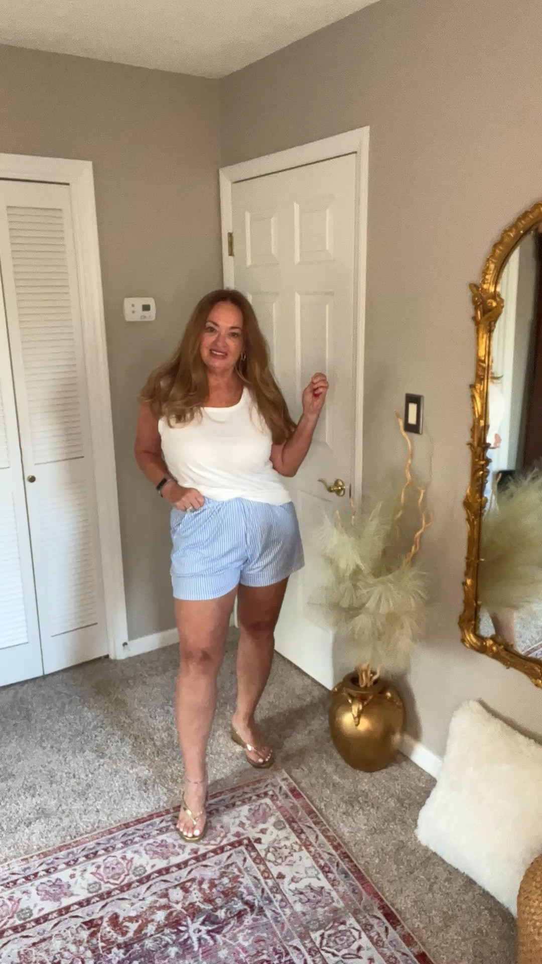 It s giving eternal summer vibes. Striped blue drawstring shorts and easy white tank. 

Easy soft weekend set. 

#LTKselfcare #LTKdayinmylife