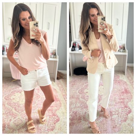How to style a pink tee - Use code CANDACE10 to save 10% off my blazer.Everything is true to size. Wearing a small in tee and blazer. Wearing a 4/27 in the pants and shorts.

#LTKFindsUnder50 #LTKFindsUnder100 #LTKStyleTip