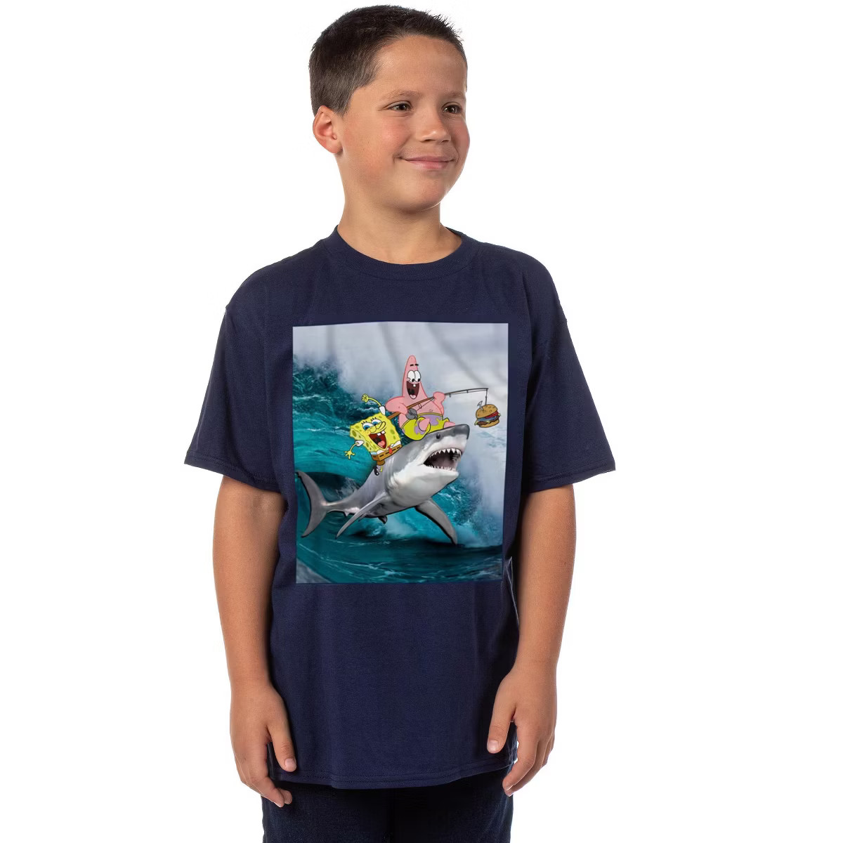 Seven Times Six SpongeBob Shirt Boys Patrick Fishing On Shark Short Sleeve Graphic Tee Blue | Target