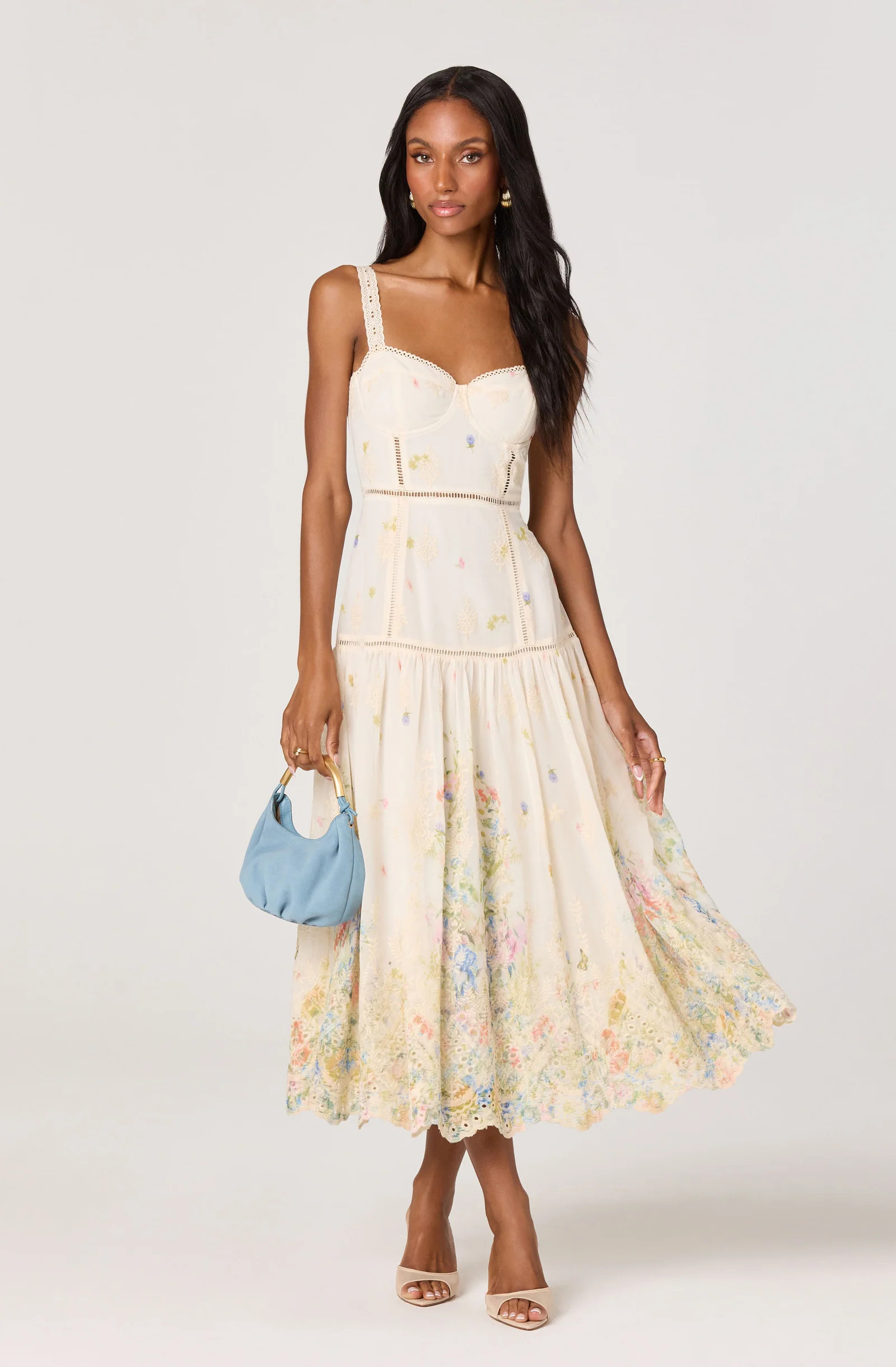 Pellagia Embroidered Eyelet Tiered Midi Dress - Cream multi floral / L | ASTR The Label (US)