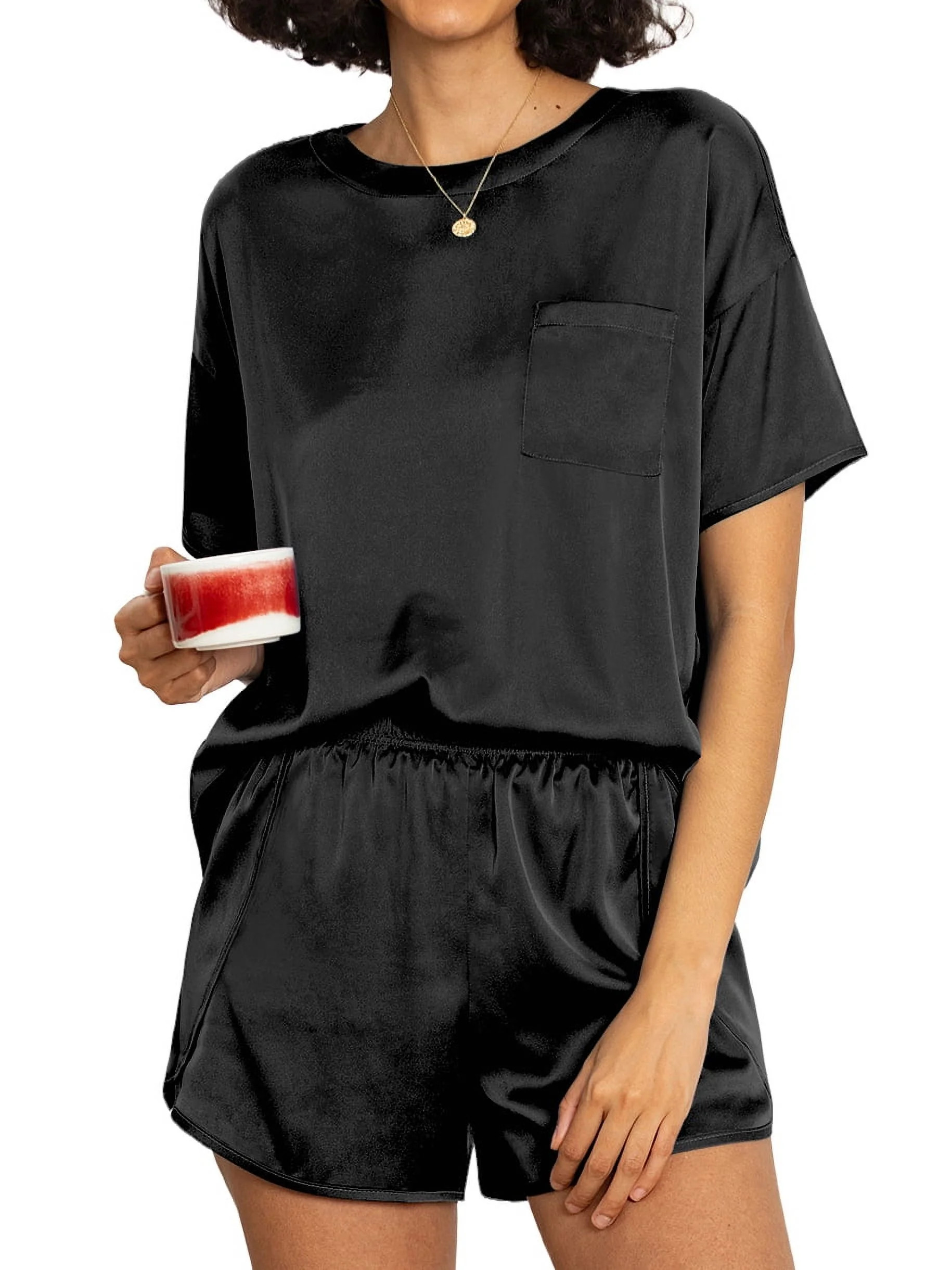 MINTREUS Women's Pajama Set Short Sleeved Silk Satin Pajama Set Soft Shirt Paired with Casual Sho... | Walmart (US)