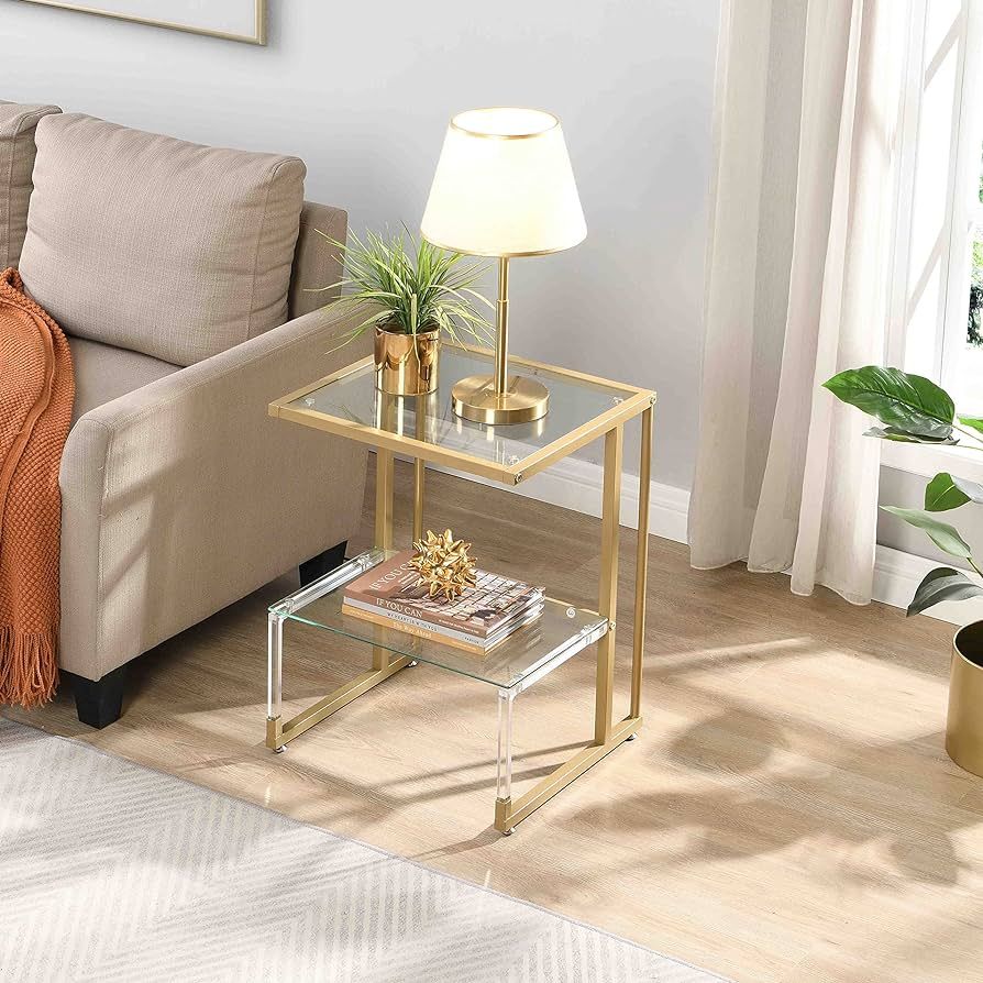 FUQIAOTEC Gold Acrylic End Table Side Table Bedroom, 2-Tier Tempered Glass Sofa Coffee Table, Sma... | Amazon (US)