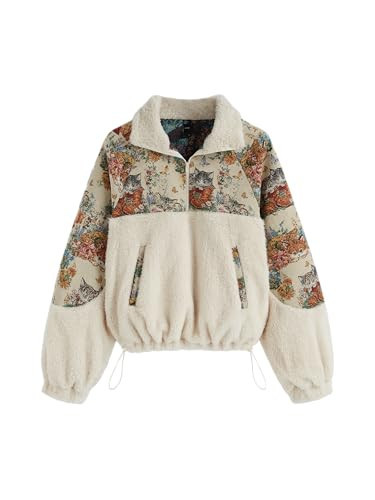 CIDER Sweatshirt For Women Fleece Collar Floral Cat Oversized Pullover Cute Animal Print Long Sleeve Casual Top Beige | Amazon (US)