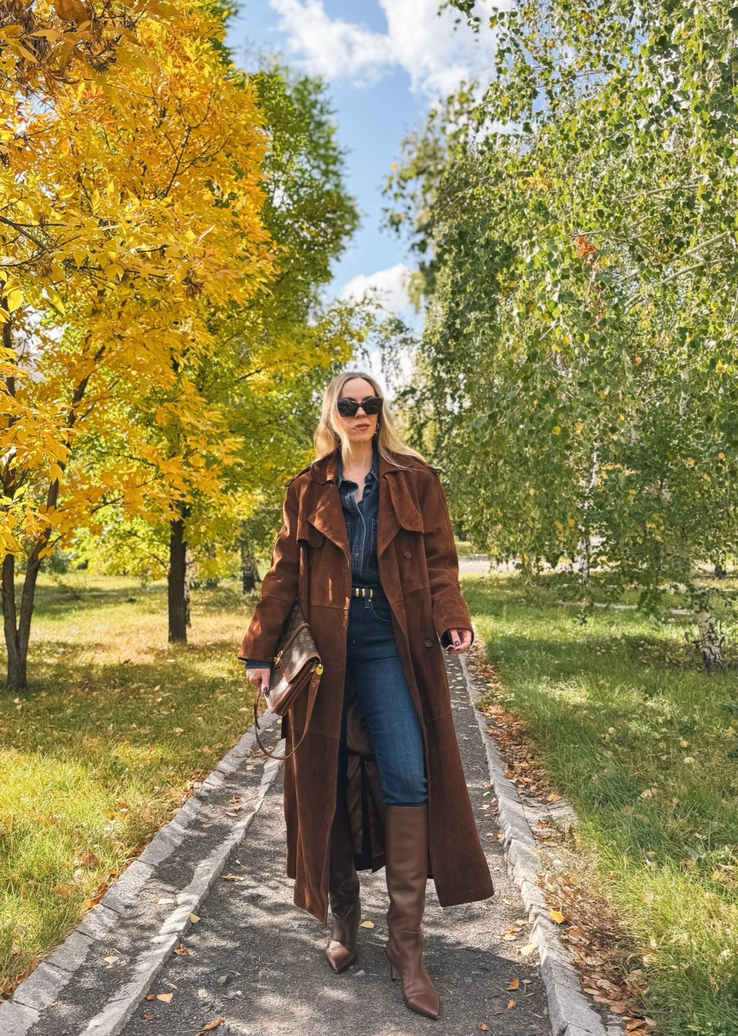 Fall outfit with suede trench coat, dark wash denim shirt, skinny jeans and point toe stiletto boots