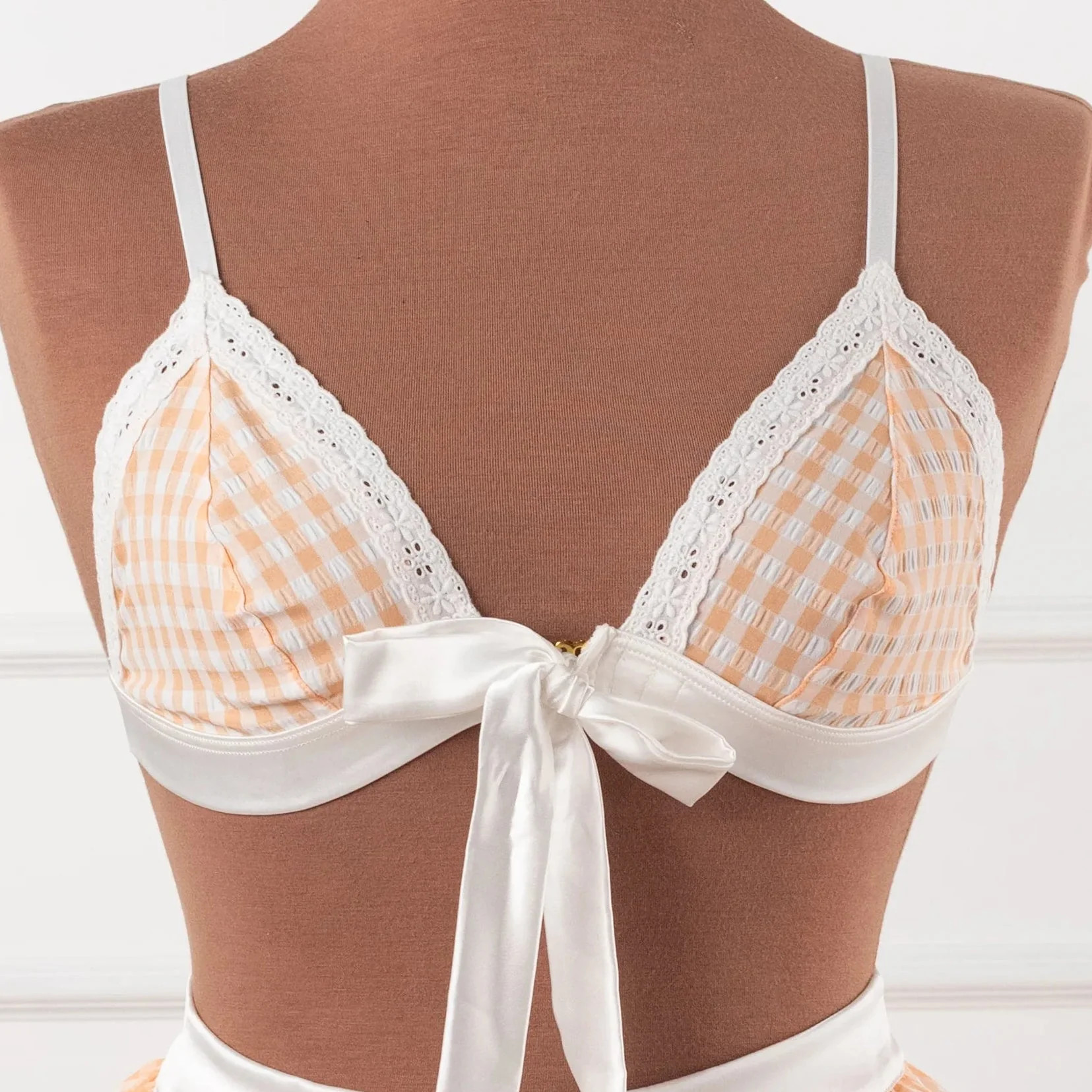 Satin & Gingham Bow Bralette - Peach | Mentionables