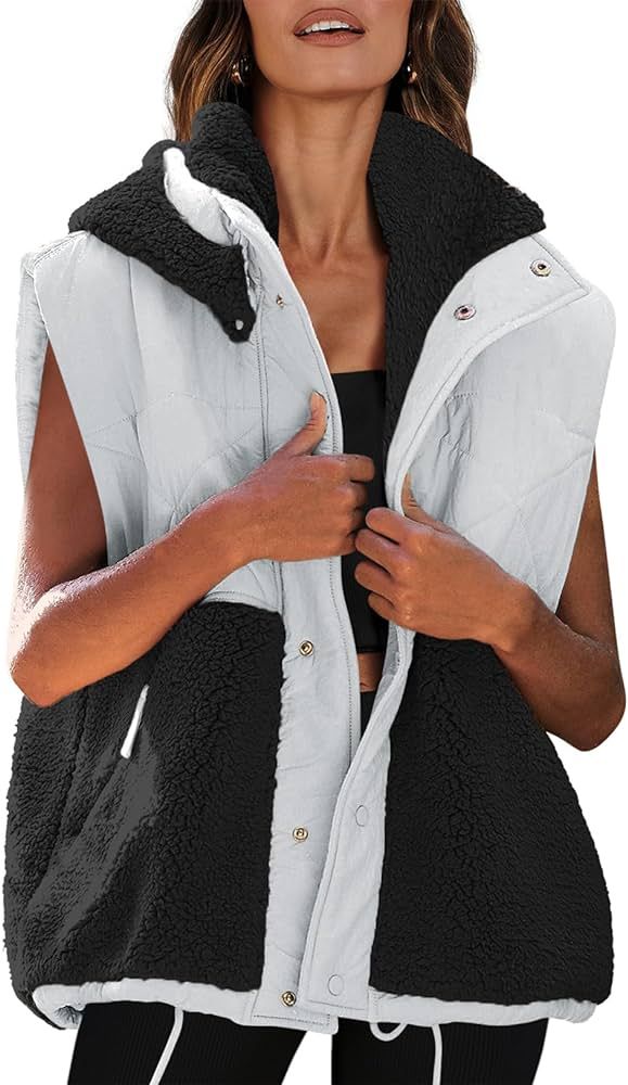 Nirovien Womens Oversized Quilted Vest Color Block Fleece Vest Button Down Padded Outwear Removea... | Amazon (US)