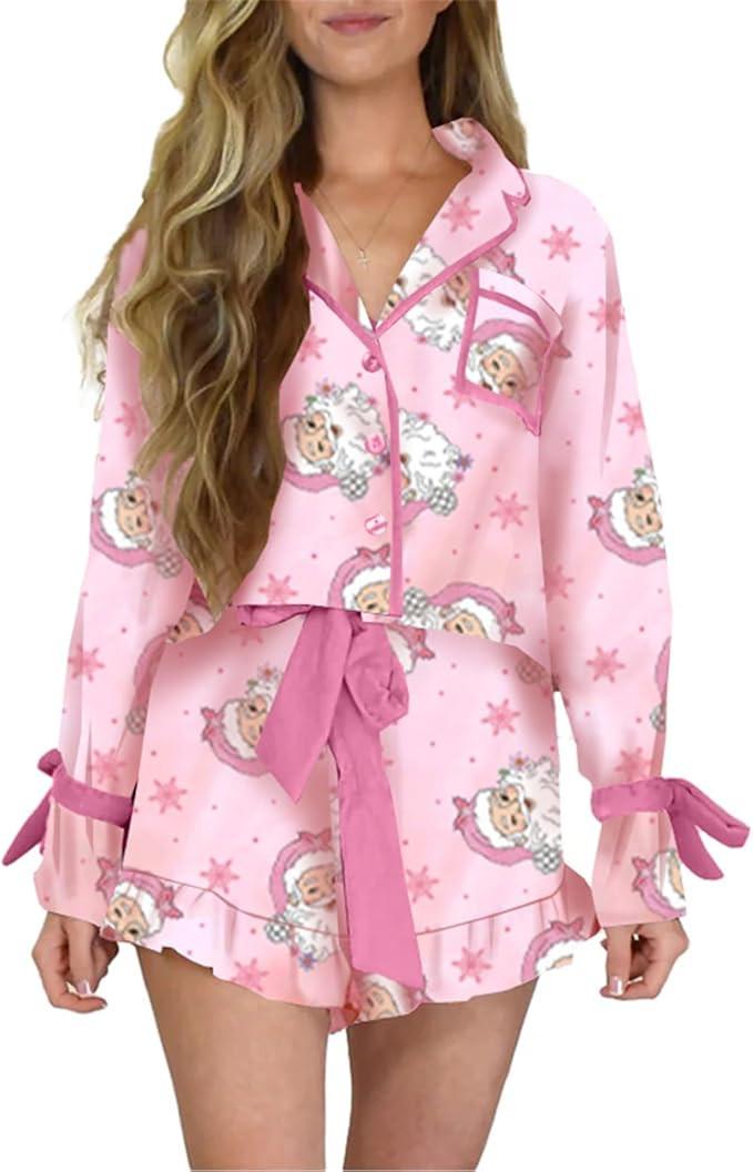 Women Christmas Pajamas 2 Piece Matching Sets Bow Tie Shirt Ruffle Shorts Cute Santa Pjs Set Loun... | Amazon (US)