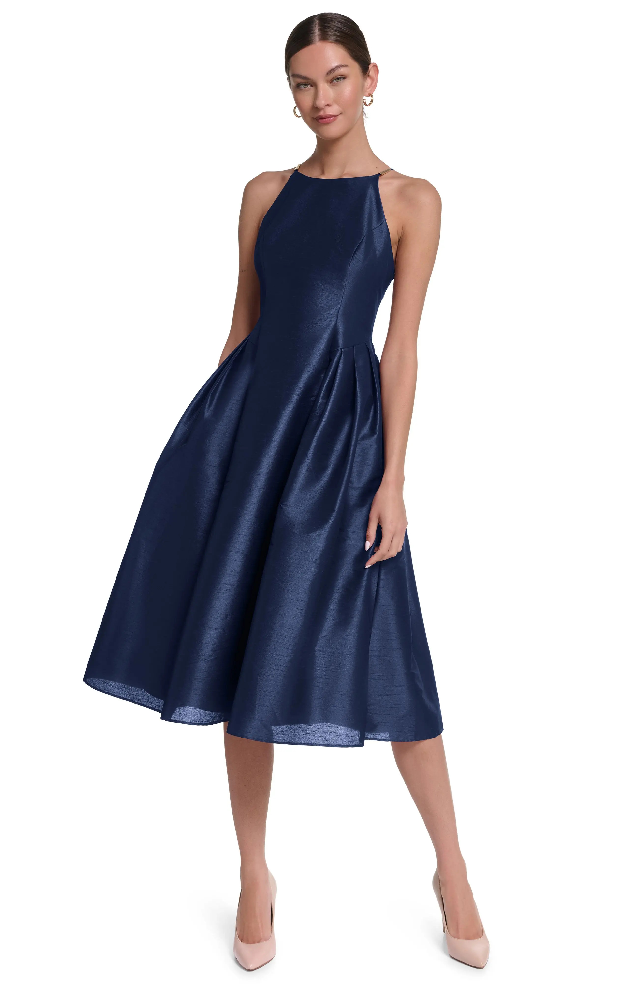HALSTON Spaghetti Strap Fit & Flare Midi Dress (Women) | Nordstrom | Nordstrom