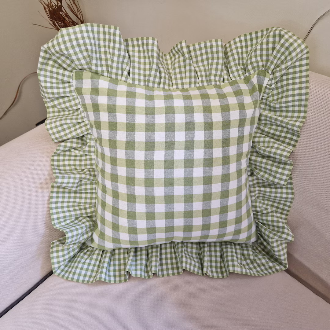 Green Ruffle Gingham Plaid Throw Pillow Cover, Frilly Euro Sham, Custom Size & Color Cushion Cove... | Etsy (US)