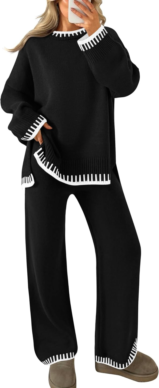 ZESICA Womens Casual 2 Piece Outfits Sweater Sets Long Sleeve Pullover Tops Wide Leg Pants Lounge... | Amazon (US)